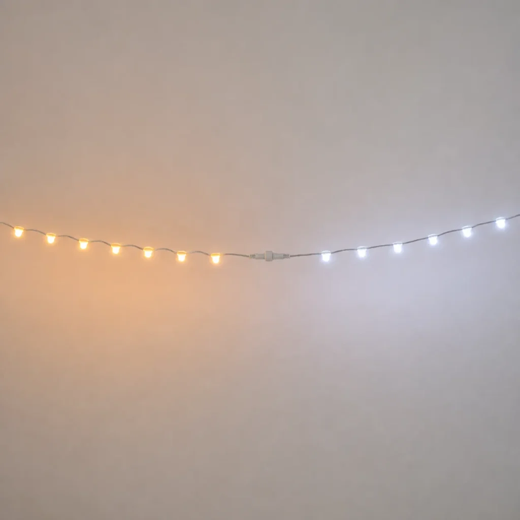 100M 666 LED tree cross lights showing warm white and white LEDs on transparent wire