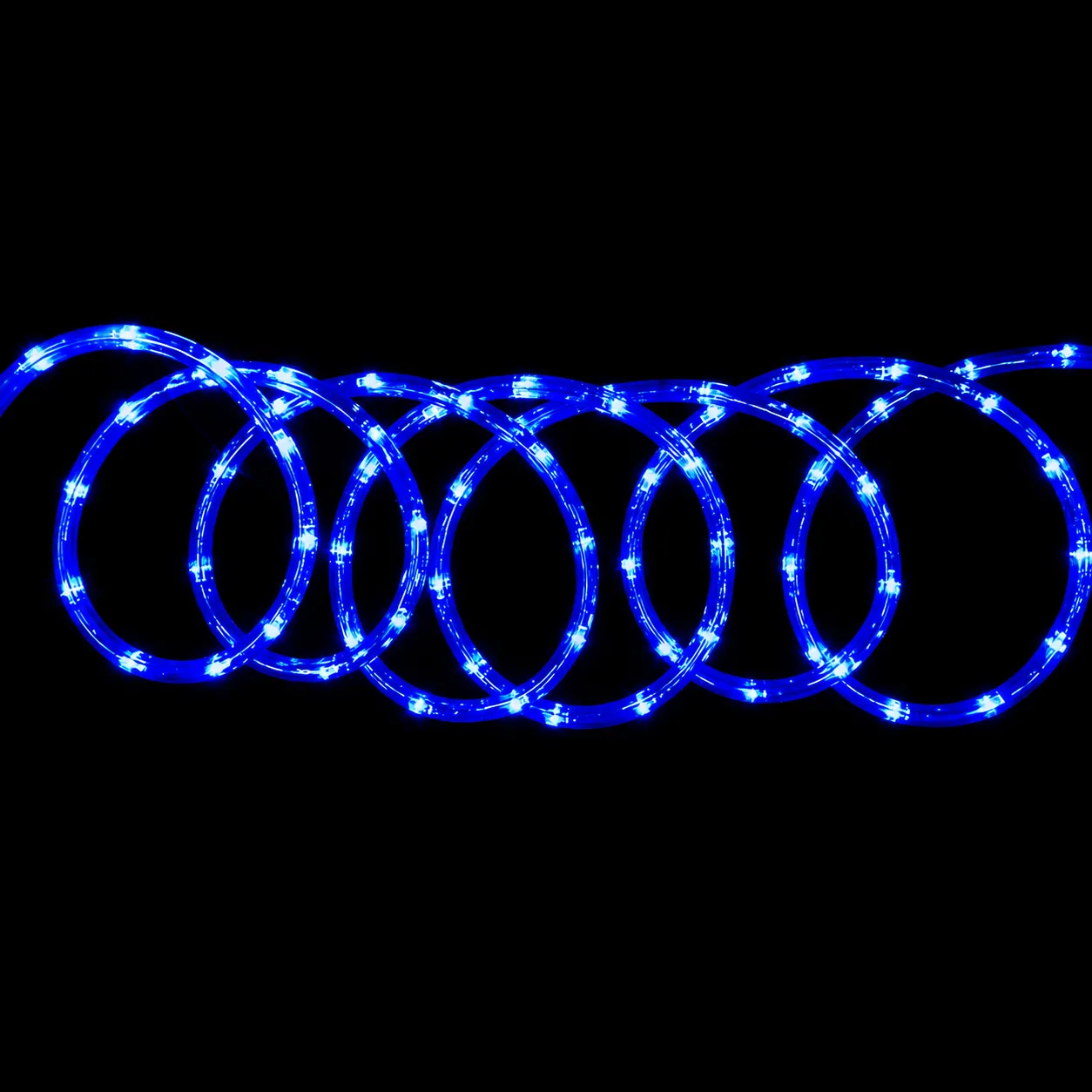 220V LED rope light illuminated in blue on a black background