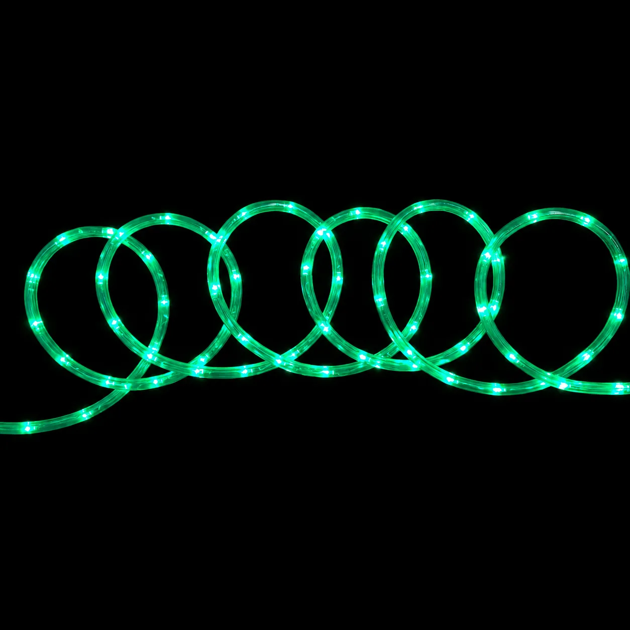 220V LED rope light illuminated in green on a black background