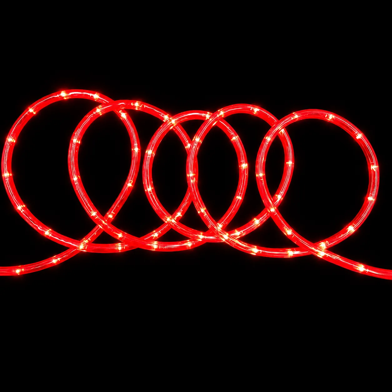 220V LED rope light illuminated in red on a black background
