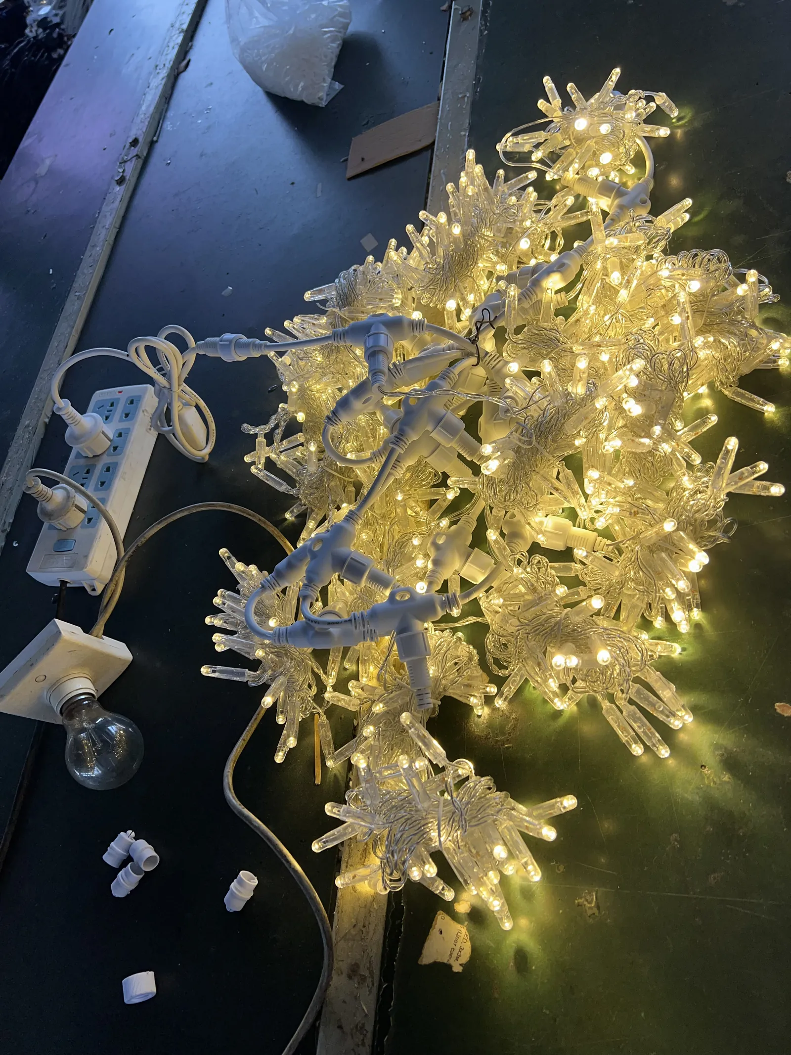 Warm white 2M x 2M 400 LED curtain lights illuminated during factory testing
