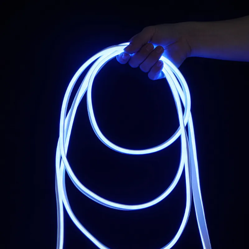 8x16mm double-brightness blue LED neon flex light held by hand on a dark background