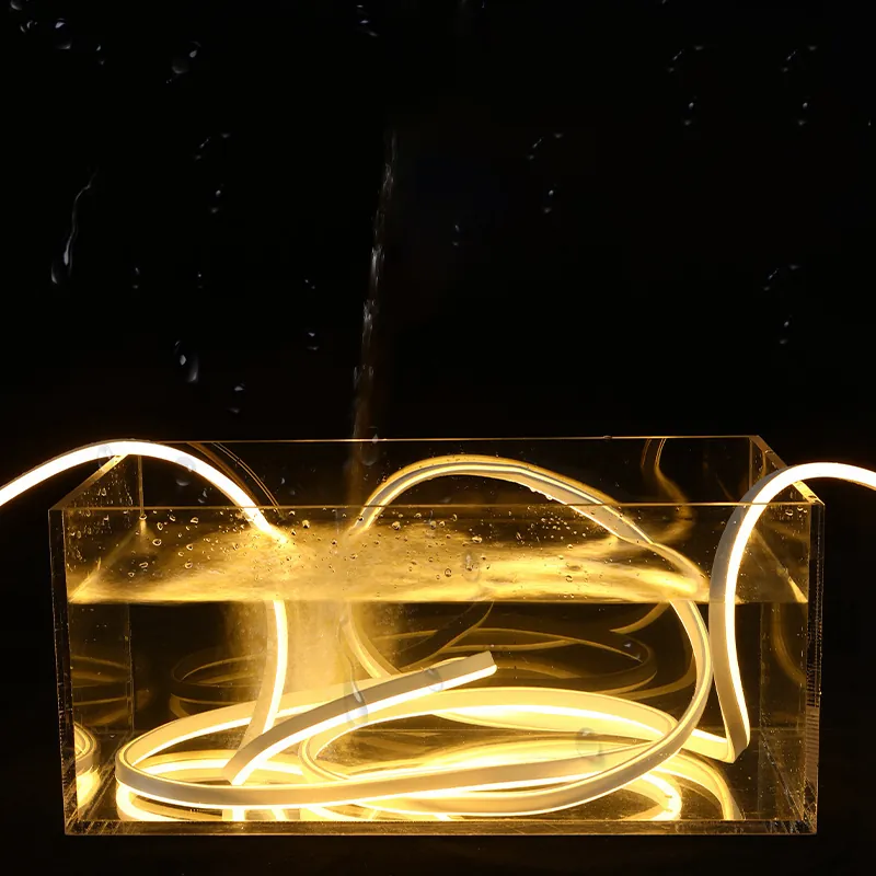 8x16mm LED neon flex light illuminated during an IP67 water resistance demonstration