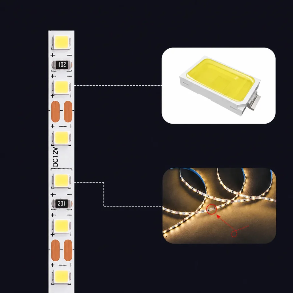 DC12V 2835 LED strip light close-up showing SMD chips PCB pads resistors and cutting mark