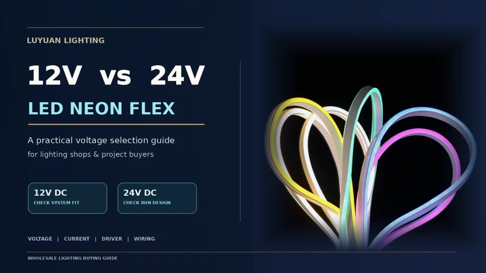 12V vs 24V LED neon flex comparison cover with colorful flexible neon lighting and voltage selection labels
