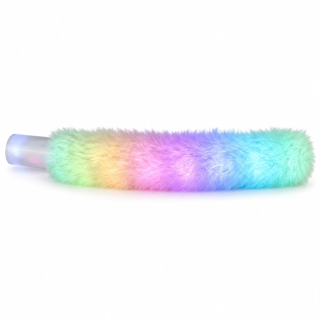 Close-up of the fuzzy textured USB RGB neon rope light illuminated in pastel rainbow colors