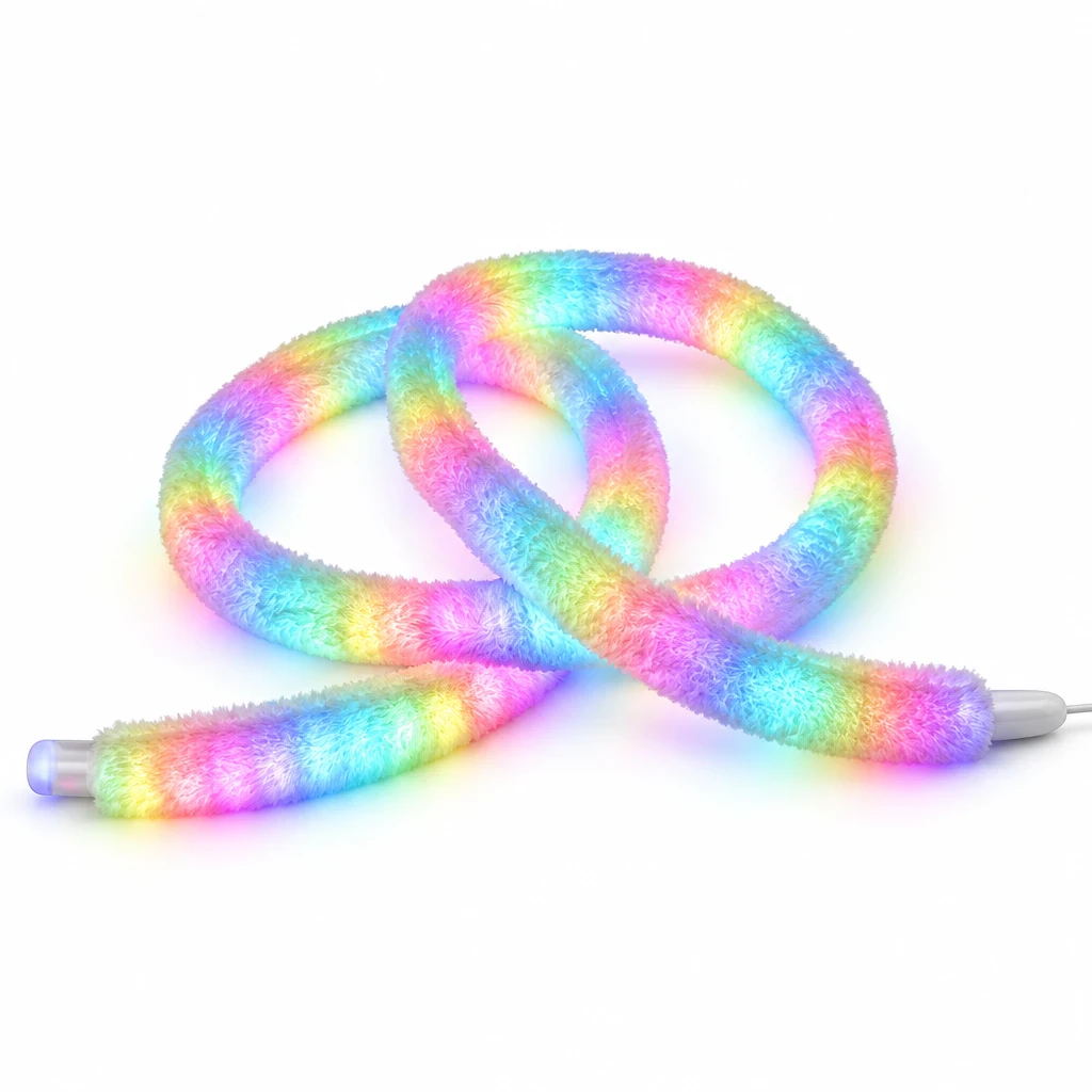 Soft multicolor RGB lighting effect on a coiled USB neon rope light with textured outer cover