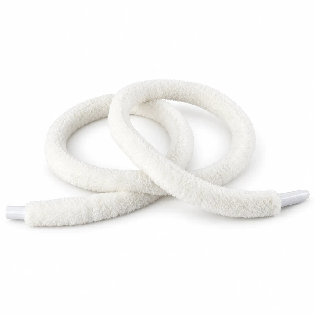 Unlit white fuzzy-covered USB smart RGB neon rope light arranged in loops