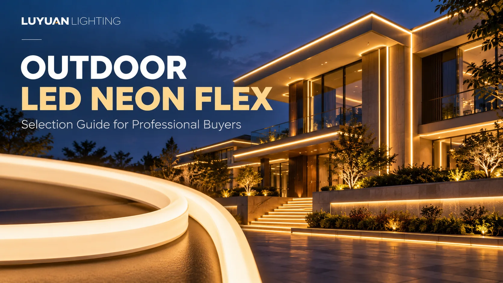 Concept illustration of outdoor LED neon flex outlining a modern building and glowing warm white flexible light strip